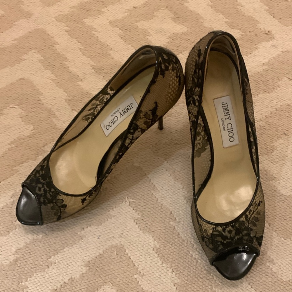 Jimmy Choo sexy Black Lace Luna 100 platform Peep Toe Pumps sz 40 (fits 9.5) EUC